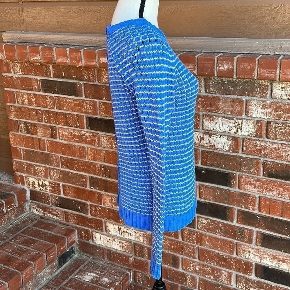 Olive & Oak Blue White Open Weave Knit Crewneck Sweater S Button Detail Back
